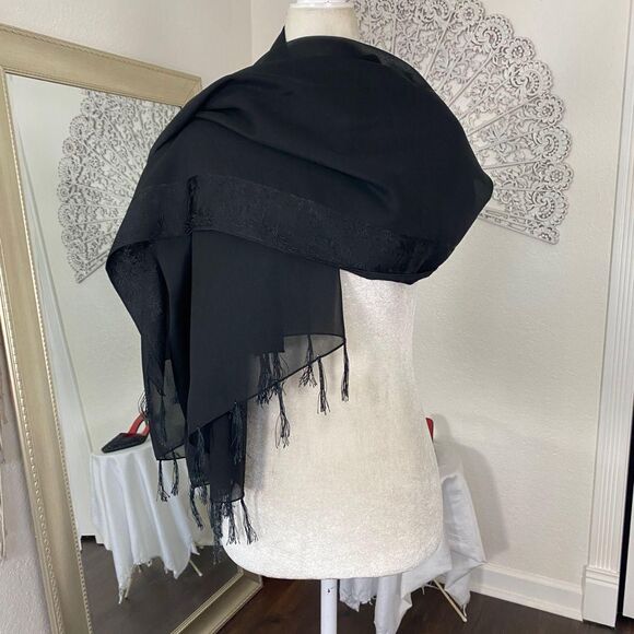 Witchy Whimsygoth Black Mesh Satin Fringe Paisley Scarf / Shawl 42 x 68" Large - Picture 3 of 6